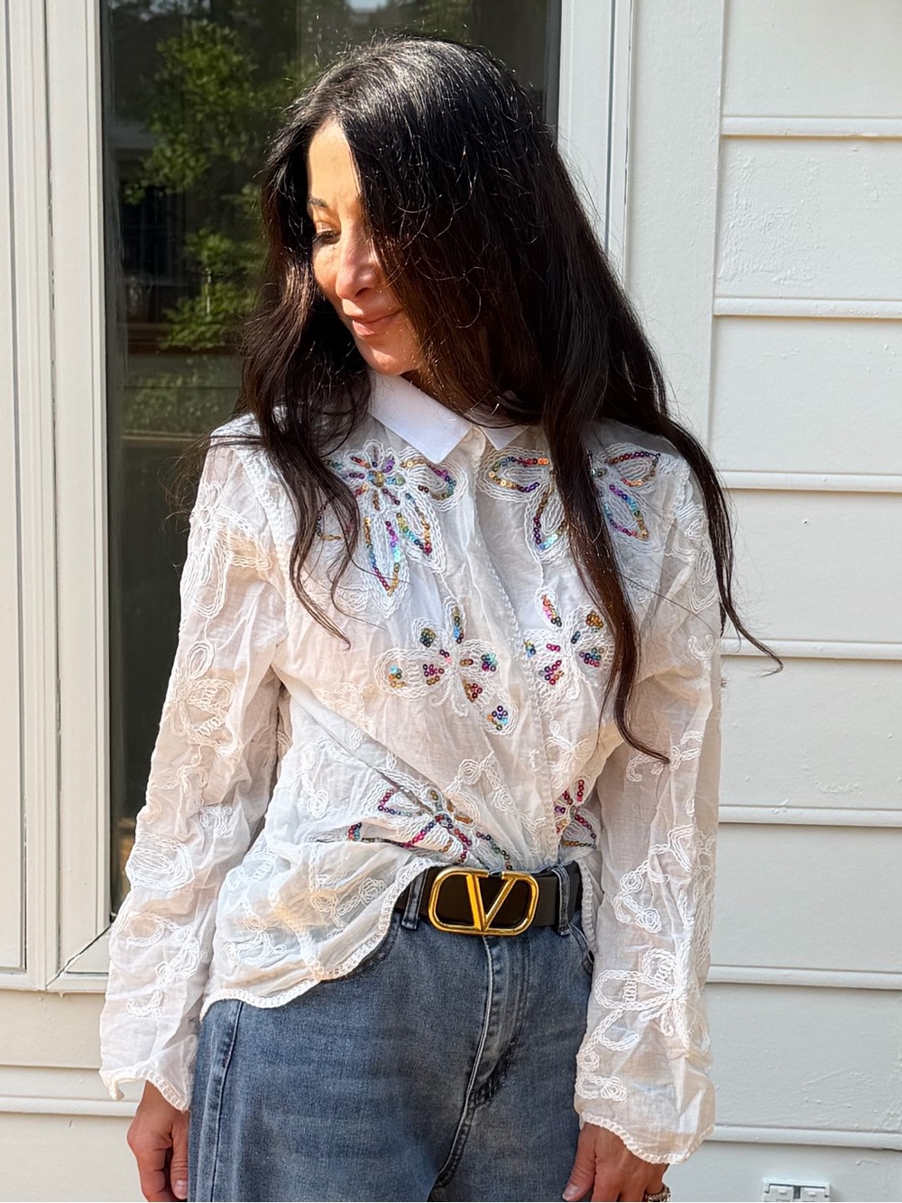 White Lace Blouse with Multicolor Embroidery - Picture 2 of 3